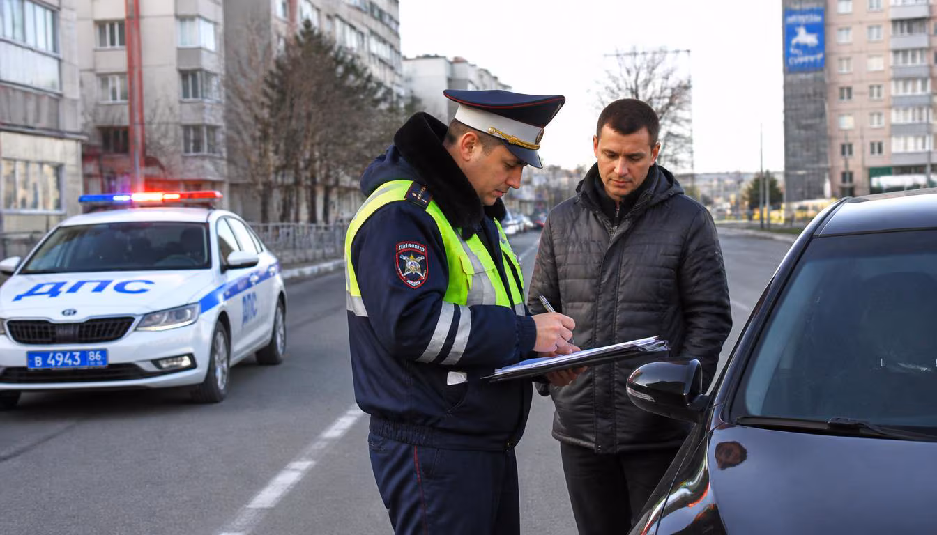 Заполнение протокола ГИБДД инспектором на месте остановки автомобиля в Сургуте, ХМАО-Югра