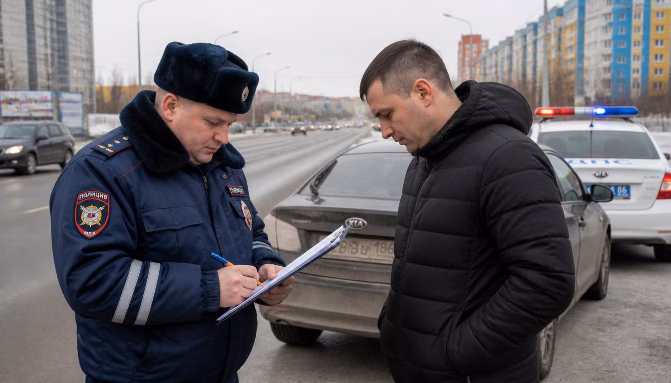 Инспектор ГИБДД составляет протокол на дороге в Сургуте, ХМАО-Югра — водитель ознакомляется с документом