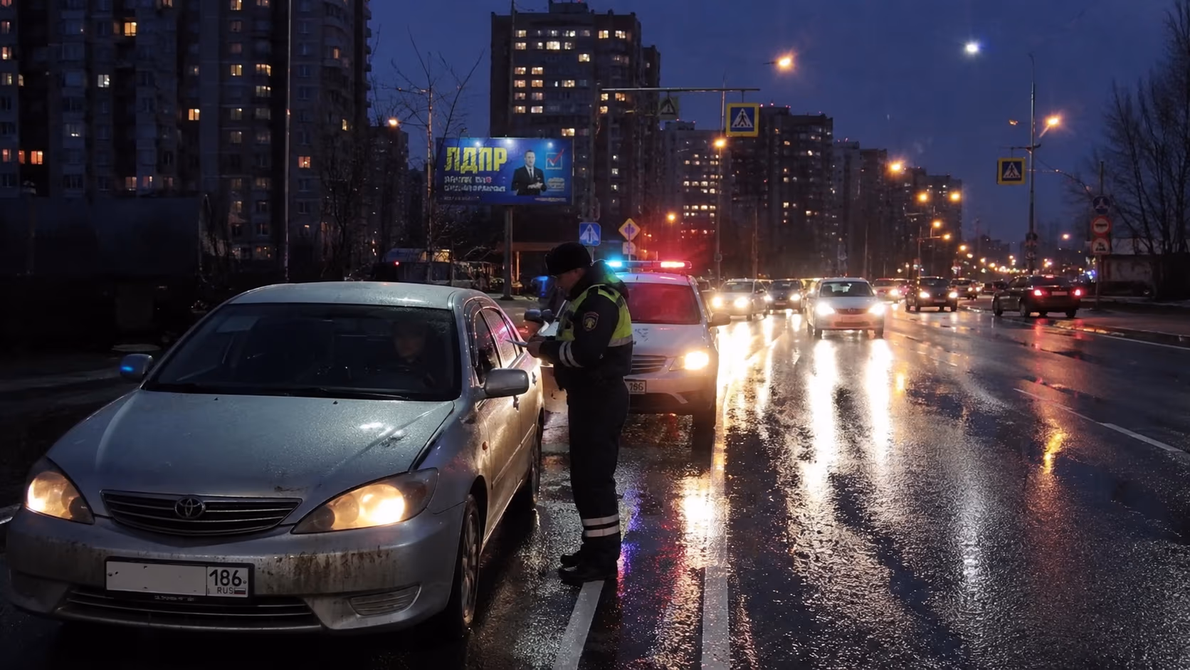 Два автомобиля друг напротив друга на узкой дороге, один пересёк сплошную линию разметки — выезд на встречную в Сургуте, ХМАО-Югра