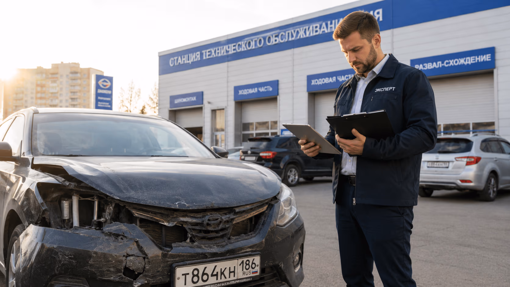 Эксперт осматривает повреждённый автомобиль с инструментами в автосервисе в Сургуте, ХМАО-Югра