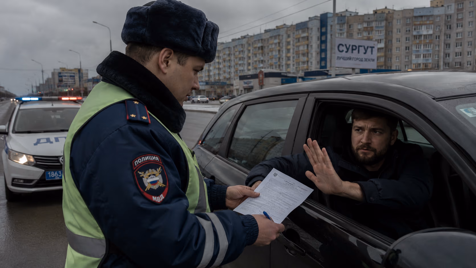 Инспектор ГИБДД предлагает водителю подписать документ через окно автомобиля в Сургуте, ХМАО-Югра