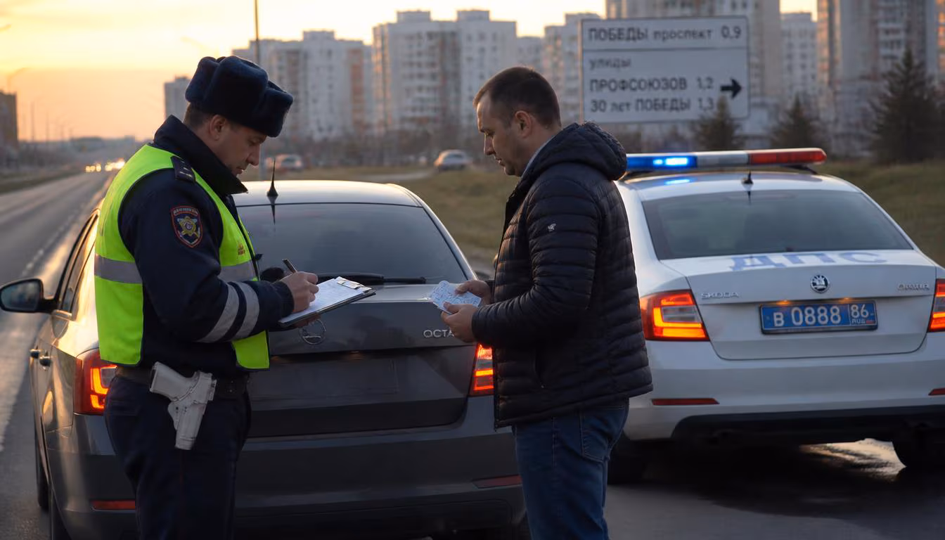 Инспектор ГИБДД составляет протокол — презумпция виновности водителя в Сургуте, ХМАО-Югра