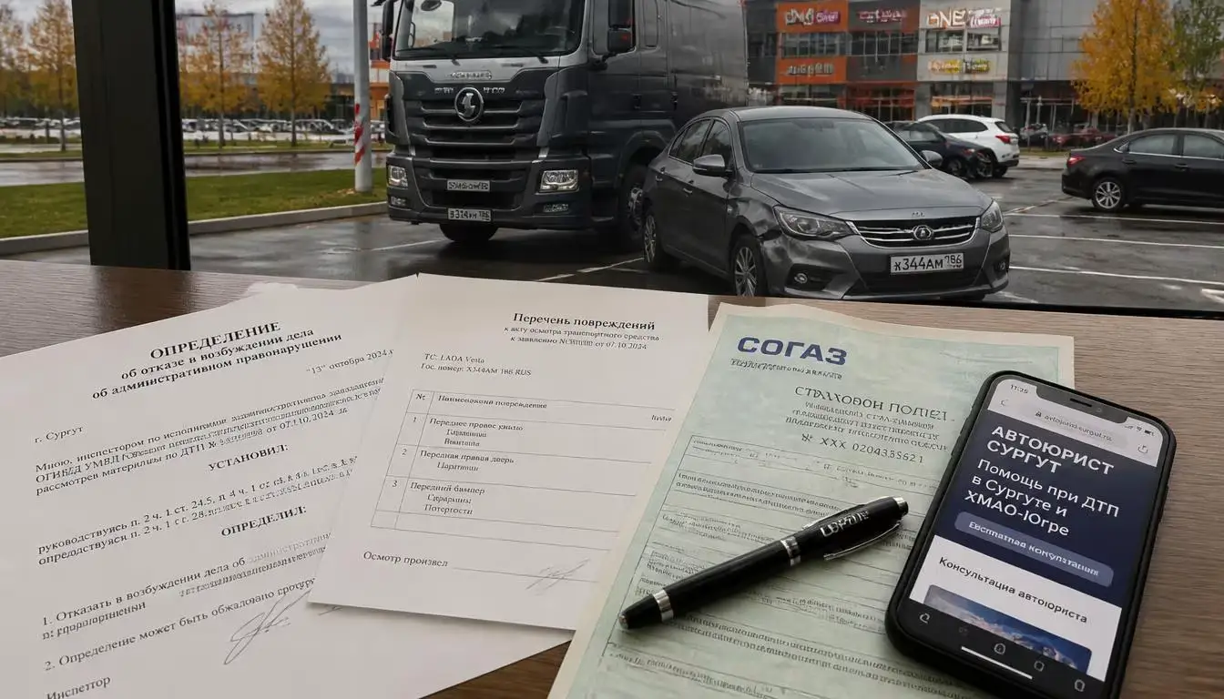 ДТП задним ходом кто виноват — документы на столе автоюриста: определение об отказе в возбуждении дела об АП и приложение с повреждениями в Сургуте, ХМАО-Югра