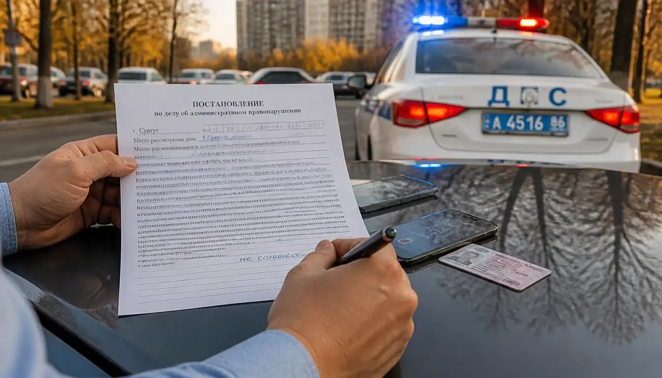 Как подписать постановление ГИБДД если не согласен — водитель вписывает надпись не согласен в конец постановления на капоте автомобиля в Сургуте, ХМАО-Югра
