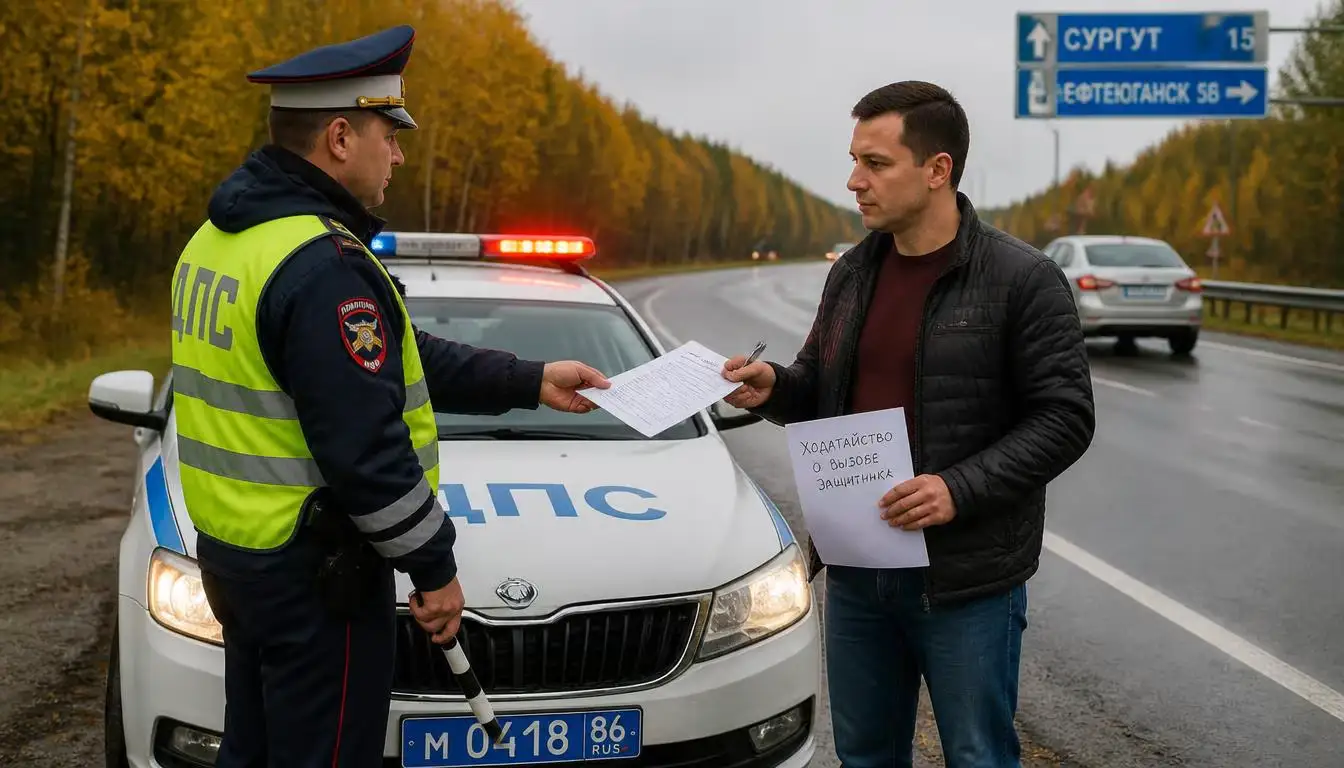 Как вести себя при остановке ДПС — водитель подаёт инспектору письменное ходатайство о защитнике на трассе в Сургуте, ХМАО-Югра