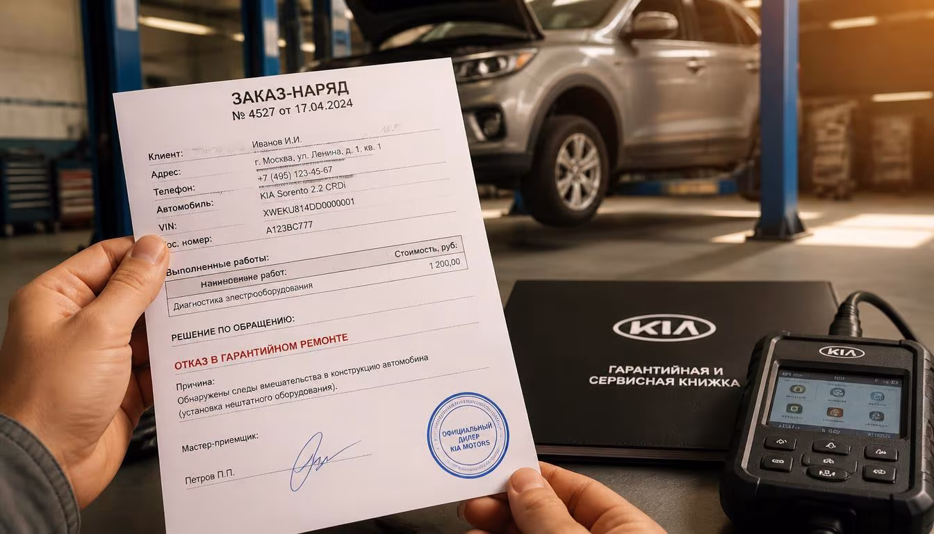 Дилер отказал в гарантийном ремонте — заказ-наряд с отказом и автомобиль на подъёмнике дилерского сервиса в Сургуте, ХМАО-Югра