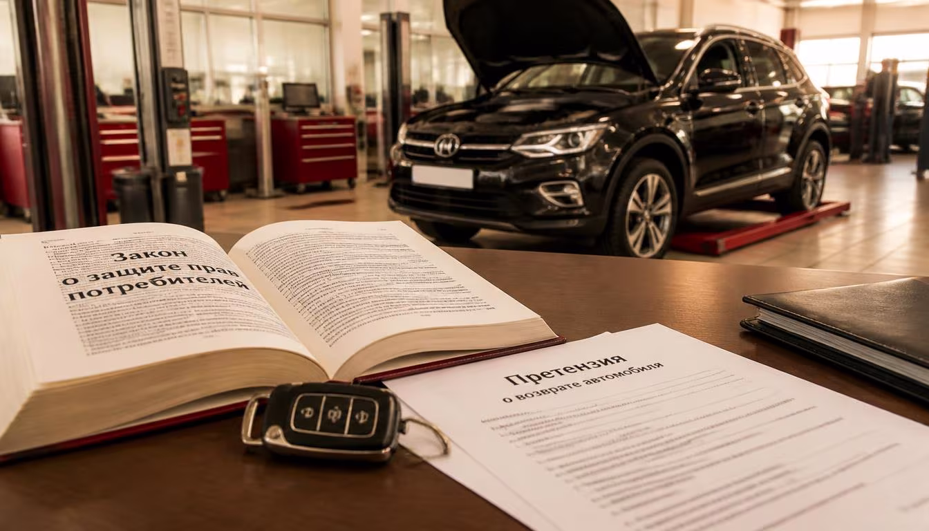 Возврат нового автомобиля в автосалон — претензия дилеру и ключи от автомобиля с недостатками на столе автоюриста в Сургуте, ХМАО-Югра