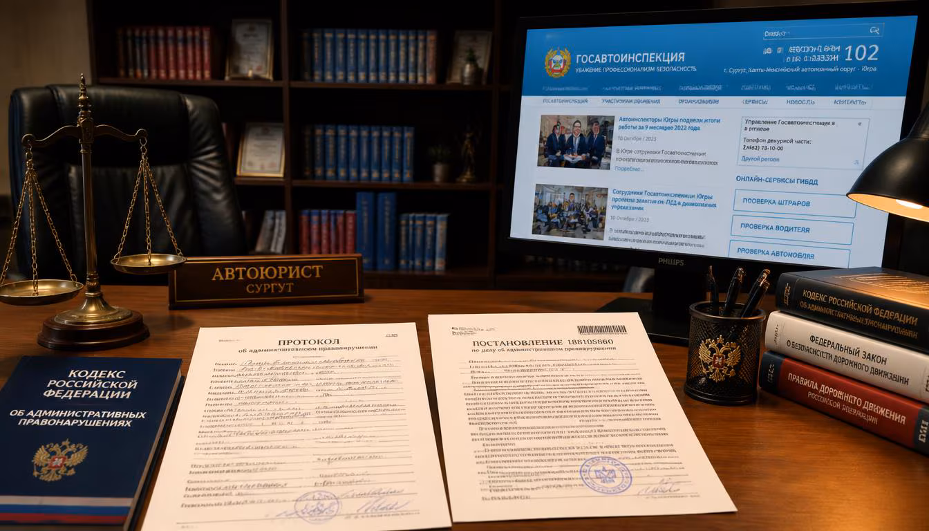 Протокол и постановление ГИБДД на столе автоюриста в Сургуте, ХМАО-Югра