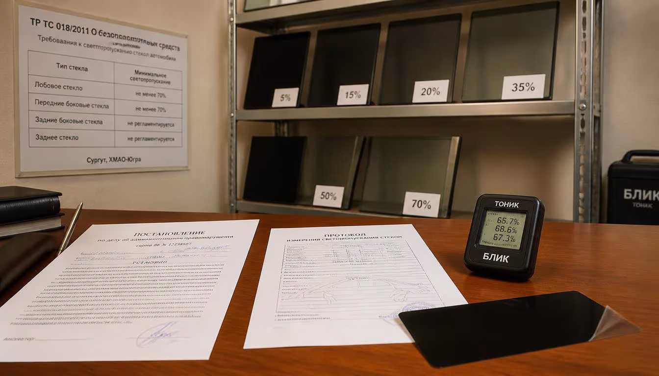 Штраф за тонировку в 2026 году &mdash; тауметр и постановление ГИБДД на капоте автомобиля в Сургуте, ХМАО-Югра